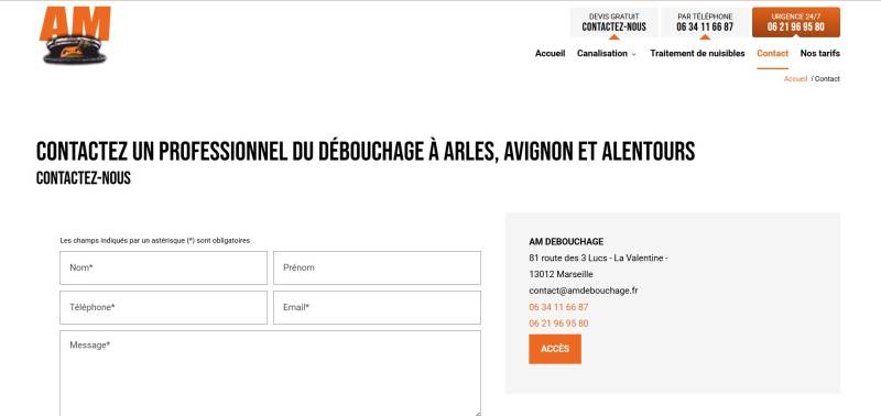 Création de site pour AM Débouchage : Entreprise de débouchage et curage à Salon-de-Provence, Avignon, Arles et Fos-sur-Mer