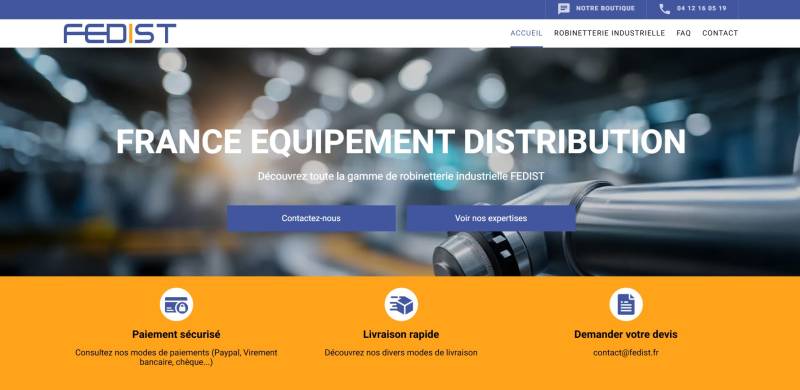 Création de site internet pour France Equipement Distribution : Expert robinetterie industrielle Lyon Paris