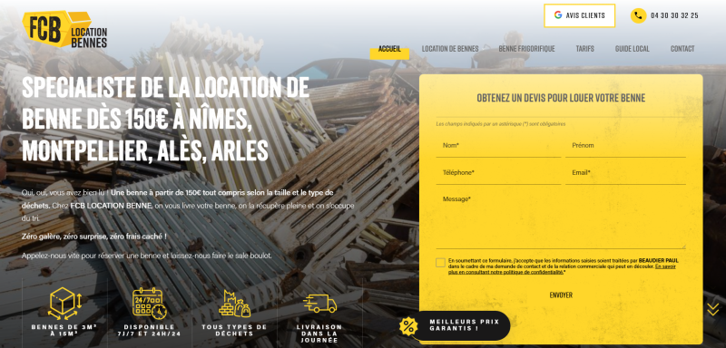 Jalis : création d'un site internet optimisé seo pour une société de location de benne à Nimes, Montpellier, Arles, Lunel, La Grande Motte