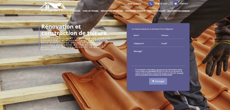 Création d'un site internet pour l'Entreprise FK à Blois : couvreur, charpentier, zingueur, façadier, peintre - Devis Gratuit et sans engagement