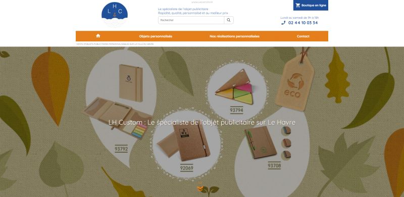 Création d'un site internet pour LH Custom, spécialisée dans la vente d'objets publicitaires personnalisés dans la ville du Havre